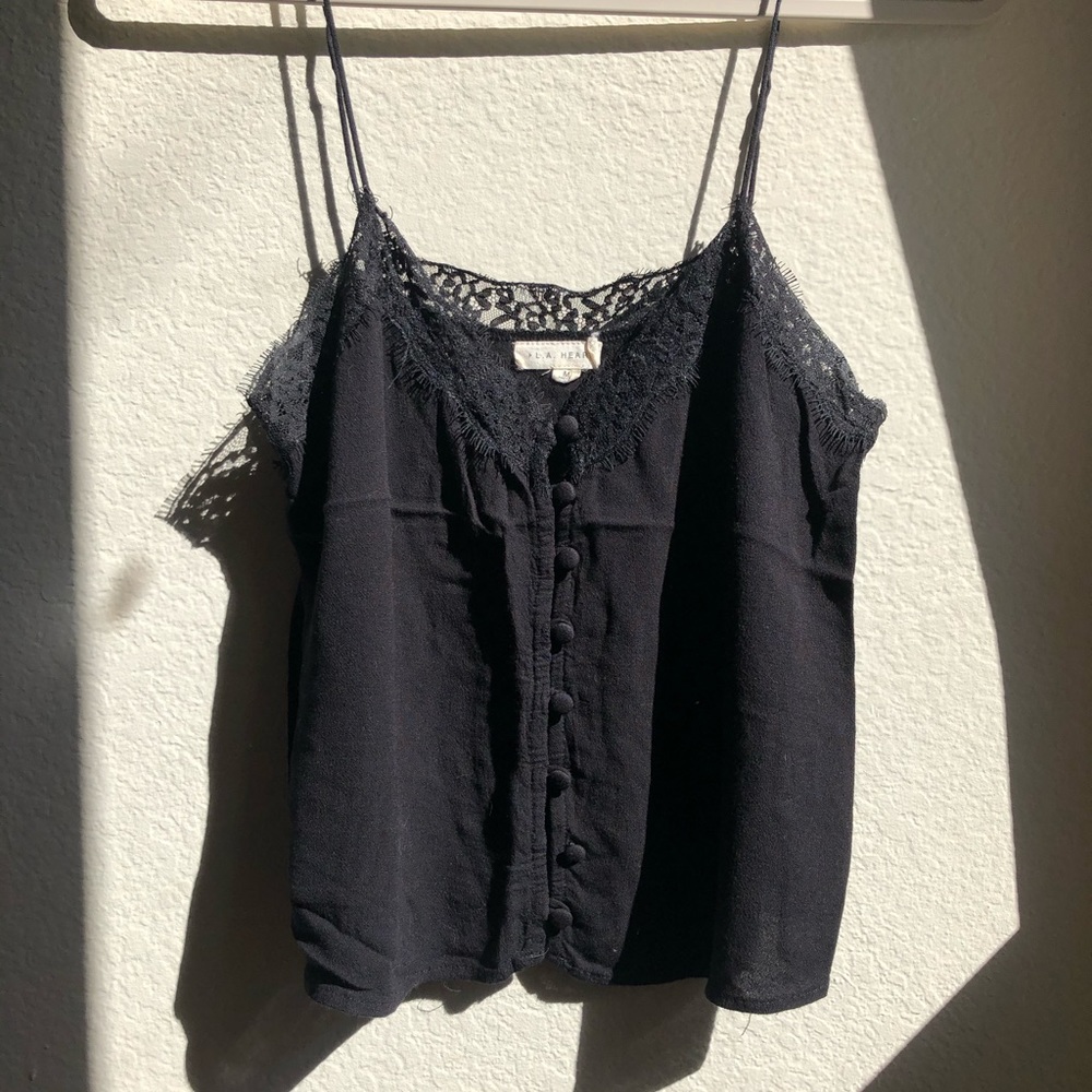 LA Hearts Black Lace Tank Top w Button Front